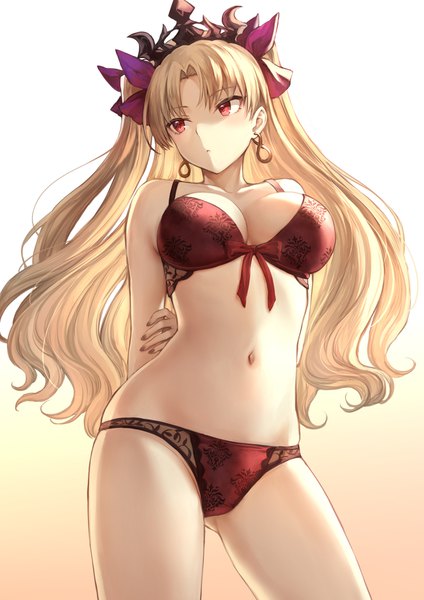 Anime picture 1302x1842 with fate (series) fate/grand order ereshkigal (fate) mashuu (neko no oyashiro) single long hair tall image blush fringe breasts light erotic simple background blonde hair red eyes large breasts looking away cleavage head tilt two side up underwear only