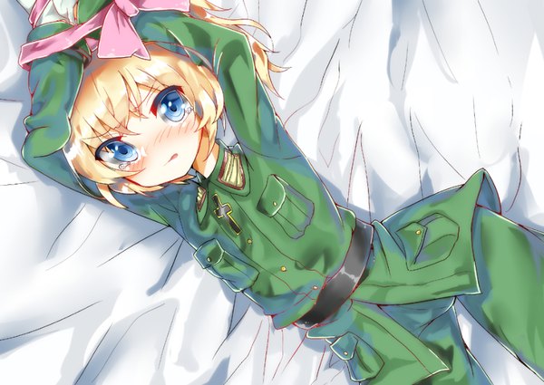 Anime picture 928x658 with youjo senki tanya degurechaff rinto0716 single looking at viewer blush fringe short hair blue eyes blonde hair lying arms up loli bondage military girl uniform bedsheet military uniform teardrop