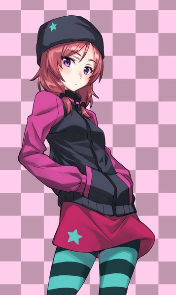 Anime picture 714x1200 with love live! school idol project sunrise (studio) love live! nishikino maki matsuryuu single long hair tall image looking at viewer purple eyes red hair hands in pockets checkered checkered background girl skirt hat miniskirt pantyhose jacket