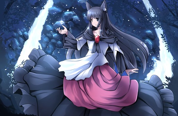 Anime picture 1900x1240 with touhou imaizumi kagerou risutaru single long hair fringe highres black hair standing animal ears looking away outdoors arm up wind black eyes night wide sleeves magic wolf ears waterfall