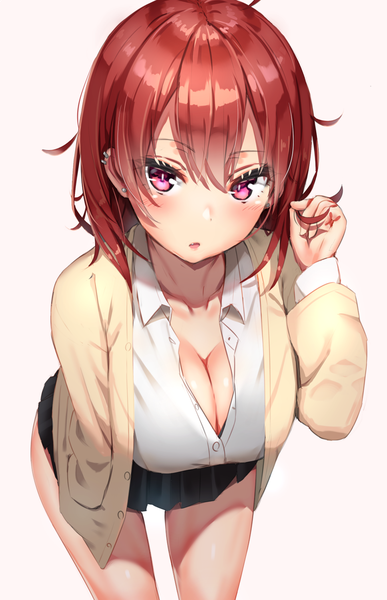 Anime picture 968x1500 with original reinama single tall image looking at viewer blush fringe short hair breasts open mouth light erotic simple background hair between eyes large breasts cleavage red hair pink eyes open clothes :o leaning