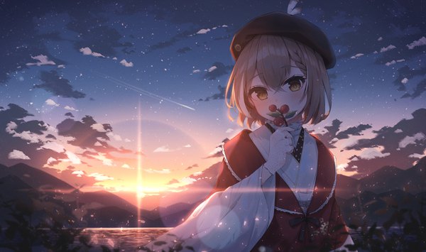 Anime-Bild 2741x1624 mit virtual youtuber hololive hololive english nanashi mumei nanashi mumei (2nd costume) magaqq123 single looking at viewer fringe highres short hair hair between eyes brown hair wide image sky cloud (clouds) outdoors lens flare official alternate costume mountain