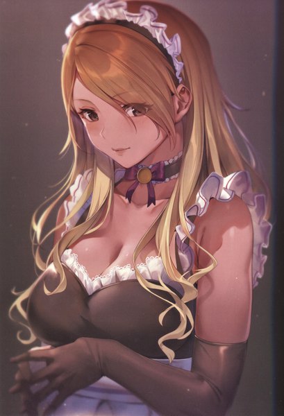 Anime picture 4085x5985 with idolmaster idolmaster shiny colors izumi mei sola (solo0730) single long hair tall image looking at viewer blush fringe highres breasts blonde hair simple background brown eyes absurdres upper body scan hair over one eye grey background