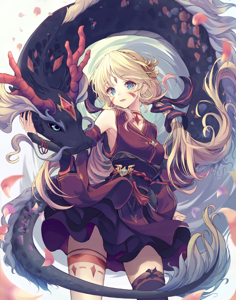 Anime picture 1500x1906 with original minyumim single long hair tall image looking at viewer blush fringe breasts open mouth blue eyes blonde hair standing twintails traditional clothes japanese clothes from below fang (fangs) tattoo floating hair