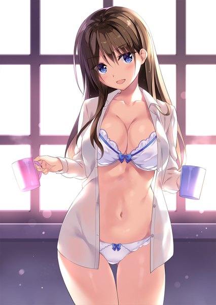 Anime picture 1431x2013 with boku no kanojo sensei fujiki maka oryou single long hair tall image looking at viewer blush fringe breasts open mouth blue eyes light erotic hair between eyes brown hair large breasts holding long sleeves head tilt :d