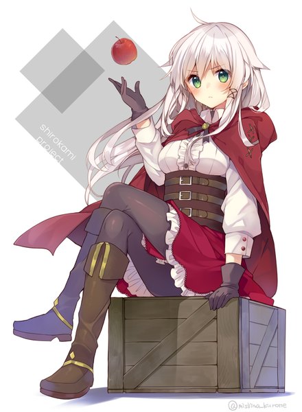 Anime-Bild 650x886 mit original anceril sacred mishima kurone single long hair tall image looking at viewer blush fringe breasts simple background sitting green eyes signed ahoge bent knee (knees) white hair wind crossed legs frilly skirt