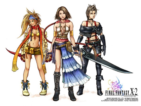 Anime picture 1024x768 with final fantasy final fantasy x final fantasy x-2 square enix yuna (ff10) rikku long hair short hair blue eyes blonde hair red eyes brown hair green eyes white hair thighhighs paine