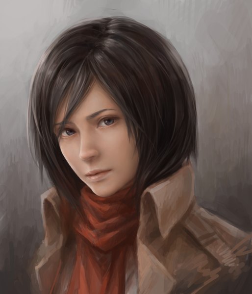 Anime picture 750x875 with shingeki no kyojin production i.g mikasa ackerman jxbp single tall image looking at viewer fringe short hair black hair simple background upper body head tilt realistic grey background grey eyes portrait girl scarf red scarf