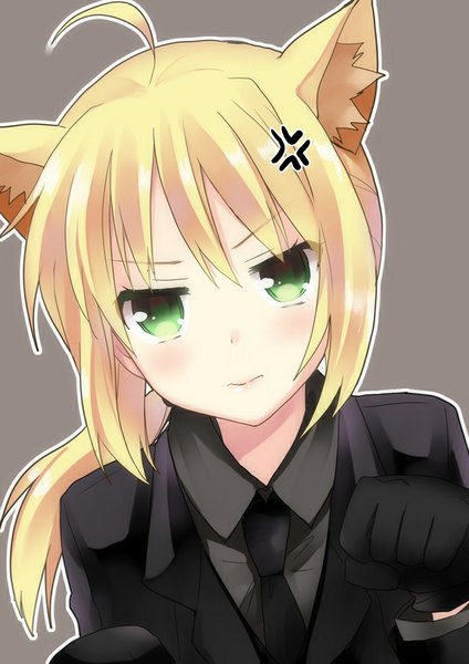 Anime picture 600x849 with fate (series) fate/stay night type-moon artoria pendragon (all) saber kurot single long hair tall image looking at viewer fringe simple background green eyes animal ears white hair ponytail cat ears grey background kemonomimi mode paw pose