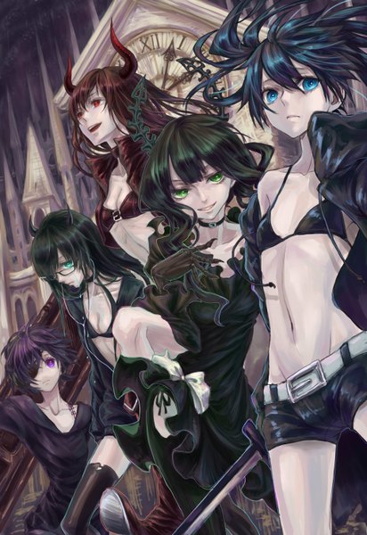 Anime picture 2031x2952 with black rock shooter black rock shooter (character) dead master black gold saw black devil girl black matagi zhen hun qu long hair tall image looking at viewer fringe highres short hair open mouth blue eyes light erotic smile red eyes brown hair purple eyes