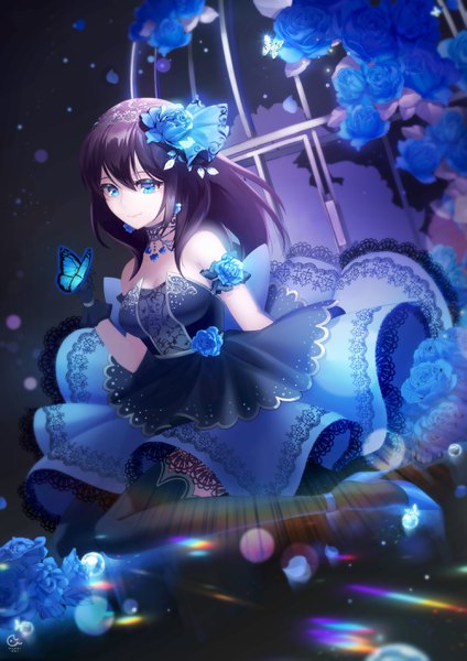Anime picture 2000x2829 with idolmaster idolmaster cinderella girls idolmaster cinderella girls starlight stage sagisawa fumika hatchi single long hair tall image looking at viewer fringe highres breasts blue eyes black hair simple background smile hair between eyes sitting bare shoulders signed