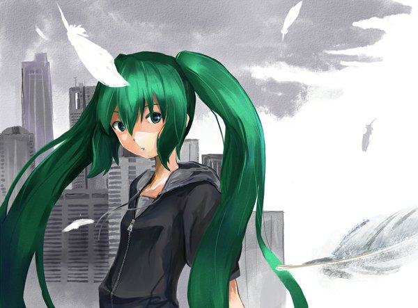 Anime picture 1000x739 with vocaloid hatsune miku nanashina (artist) single long hair looking at viewer twintails green eyes green hair girl feather (feathers)