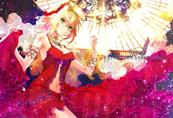 Anime picture 1000x683 with fate (series) fate/extra type-moon nero claudius (fate) (all) nero claudius (fate) xingna single short hair blonde hair green eyes midriff girl dress navel