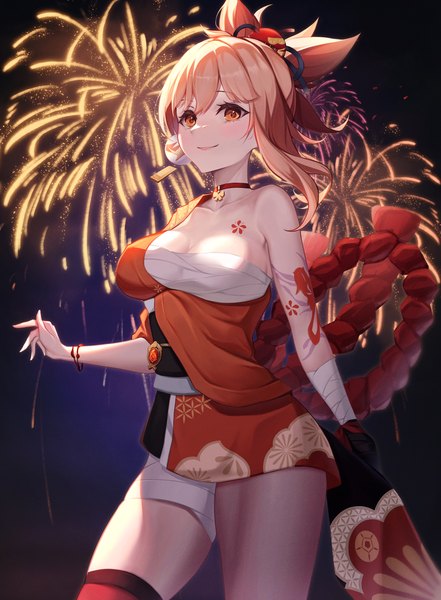 Anime picture 2031x2764 with genshin impact yoimiya (genshin impact) swallow zzy single tall image looking at viewer blush fringe highres short hair breasts light erotic blonde hair smile hair between eyes large breasts standing bare shoulders ponytail traditional clothes