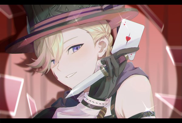 Anime picture 3683x2500 with genshin impact lyney (genshin impact) poi poifu single looking at viewer fringe highres short hair blonde hair purple eyes absurdres upper body hair over one eye light letterboxed boy gloves weapon card (cards) top hat