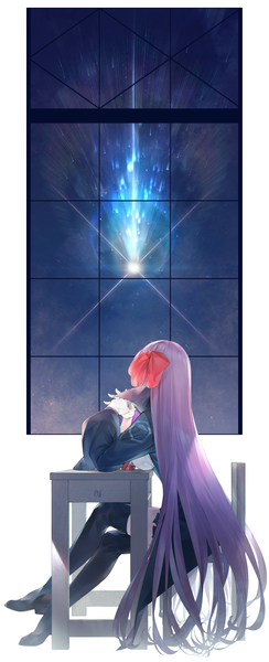Anime picture 814x2000 with fate (series) fate/grand order bb (fate) (all) bb (fate/extra) sousou (sousouworks) single tall image sitting purple hair full body very long hair crossed legs hands clasped interlocked fingers shooting star girl ribbon (ribbons) hair ribbon window star (stars)
