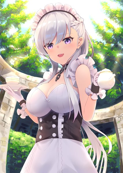 Anime picture 1003x1416 with azur lane belfast (azur lane) yukarite single long hair tall image looking at viewer blush fringe breasts open mouth light erotic smile hair between eyes large breasts standing purple eyes bare shoulders holding cleavage