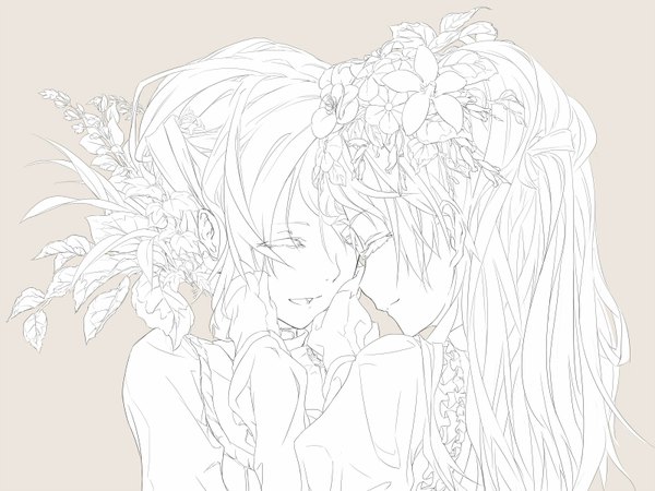 Anime picture 1600x1200 with original irena (artist) smile multiple girls eyes closed hair flower monochrome girl hair ornament flower (flowers) 2 girls