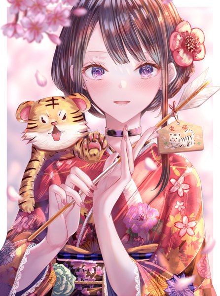 Anime picture 1077x1450 with original kinom (sculpturesky) single long hair tall image looking at viewer blush black hair purple eyes holding upper body traditional clothes japanese clothes mole depth of field mole under eye cherry blossoms border new year outside border