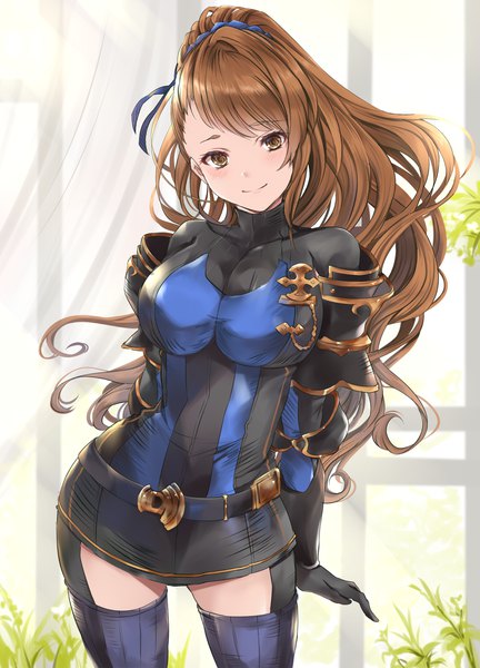 Anime picture 1515x2101 with granblue fantasy beatrix (granblue fantasy) hinahino single long hair tall image looking at viewer blush fringe breasts smile brown hair large breasts standing brown eyes ponytail indoors head tilt alternate costume arm behind back