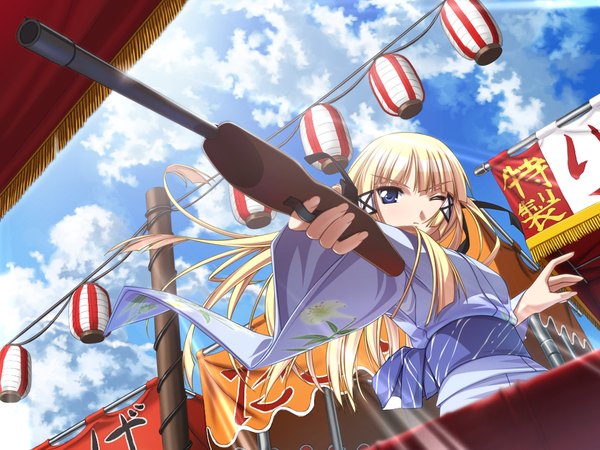 Anime picture 1024x768 with hime to majin to koi suru tamashii blue eyes blonde hair game cg one eye closed wink girl weapon