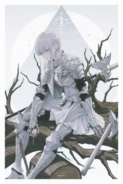Anime picture 756x1132 with original wanke single long hair tall image fringe hair between eyes sitting holding looking away silver hair arm support grey eyes text border english expressionless bare tree knight girl
