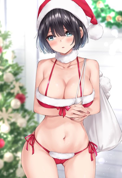 Anime picture 1022x1486 with original wing (aiastor) single tall image blush fringe short hair breasts blue eyes light erotic black hair hair between eyes large breasts standing looking away cleavage indoors christmas girl navel