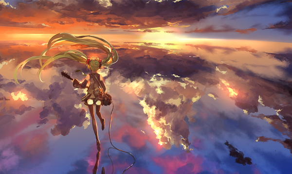 Anime picture 1500x896 with vocaloid hatsune miku saberiii single wide image twintails holding sky cloud (clouds) bent knee (knees) very long hair pleated skirt from behind aqua hair wide sleeves zettai ryouiki back horizon running girl