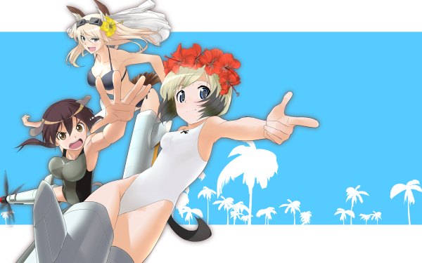 Anime picture 1200x750 with strike witches erica hartmann gertrud barkhorn hanna-justina marseille kanchou (karaja) long hair short hair open mouth blue eyes black hair blonde hair wide image multiple girls brown eyes animal ears white hair animal tail multicolored hair two-tone hair outstretched arm