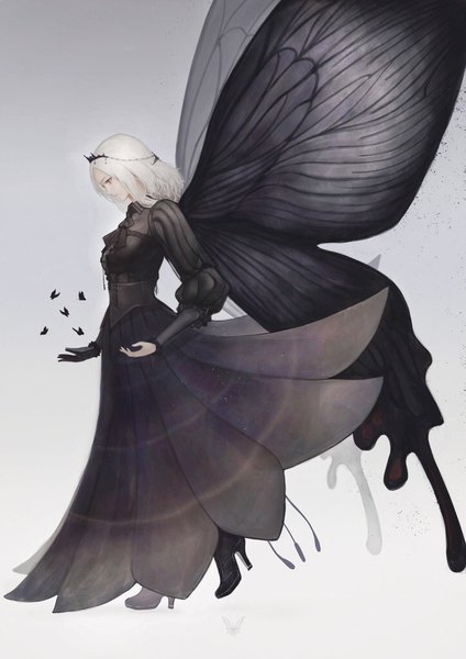 Anime picture 724x1024 with original marumoru single tall image short hair simple background standing silver hair full body profile grey background high heels gradient background black wings insect wings butterfly wings girl dress wings black dress