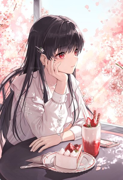 Anime picture 1200x1760 with original plus1024 single long hair tall image fringe black hair red eyes sitting signed upper body blunt bangs light smile twitter username cherry blossoms head rest girl petals food bracelet
