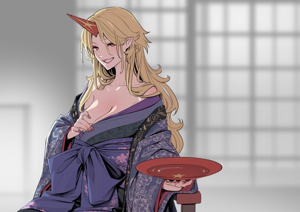 Anime picture 3035x2150 with touhou hoshiguma yuugi kawayabug single long hair highres breasts light erotic blonde hair smile red eyes large breasts holding absurdres traditional clothes japanese clothes horn (horns) pointy ears grin girl