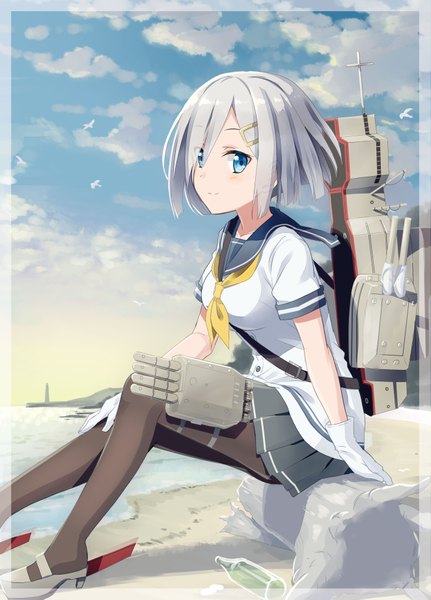Anime picture 2645x3678 with kantai collection hamakaze destroyer gotyou ayuyanaka no hito single tall image looking at viewer blush fringe highres short hair blue eyes sitting silver hair pleated skirt hair over one eye beach framed girl skirt