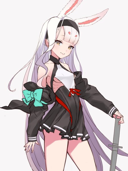 Anime picture 3000x4000 with azur lane shimakaze (azur lane) honyaru (nanairo39) single tall image looking at viewer fringe highres breasts light erotic simple background white background bare shoulders animal ears yellow eyes white hair blunt bangs very long hair bunny ears sideboob
