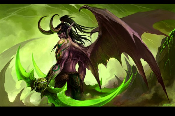 Anime picture 1800x1200 with warcraft illidan sandara single long hair looking at viewer highres black hair green eyes horn (horns) tattoo demon wings oni horns boy weapon wings