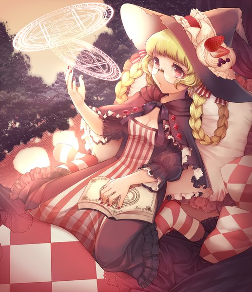 Anime picture 1462x1697 with original momoshiki tsubaki single long hair tall image blonde hair red eyes braid (braids) magic witch girl dress glasses food book (books) witch hat berry (berries) strawberry magic circle