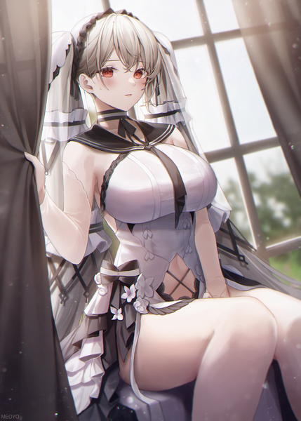 Anime picture 3000x4200 with azur lane formidable (azur lane) formidable (timeless classics) (azur lane) meoyo single long hair tall image looking at viewer blush fringe highres breasts open mouth red eyes large breasts sitting twintails bent knee (knees) indoors grey hair