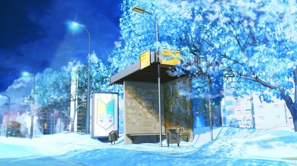 Anime picture 1920x1080 with everlasting summer iichan eroge arsenixc highres wide image game cg wallpaper winter snow no people scenic plant (plants) tree (trees) building (buildings) lantern lamppost bus stop