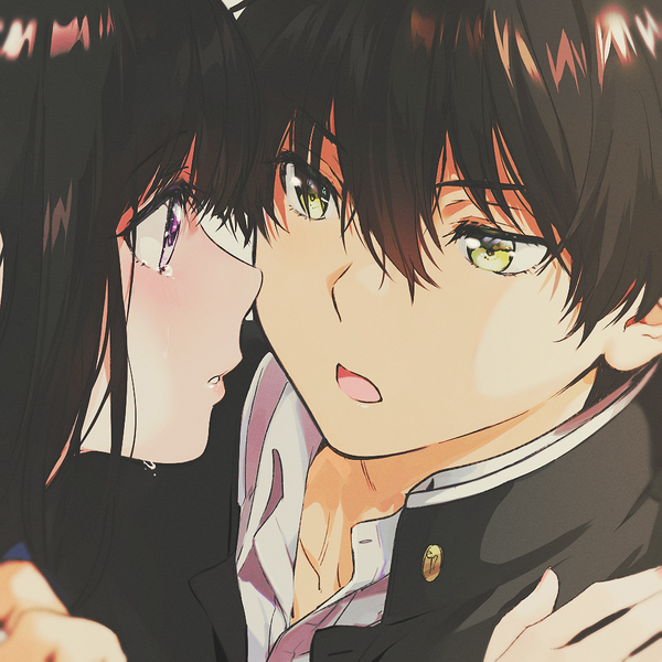 Anime picture 1000x1000 with hyouka kyoto animation chitanda eru oreki houtarou mery (yangmalgage) long hair fringe short hair open mouth black hair hair between eyes purple eyes green eyes looking away upper body very long hair parted lips :d couple tears