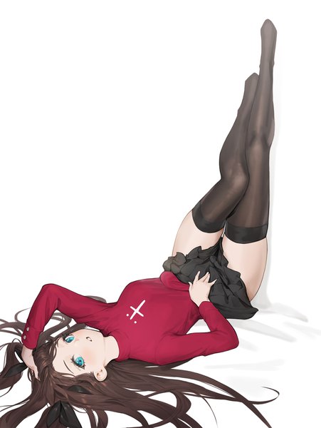 Anime picture 1500x1997 with fate (series) fate/stay night toosaka rin cotta (heleif) single long hair tall image blush light erotic simple background brown hair white background full body lying aqua eyes on back no shoes hand on head legs up girl