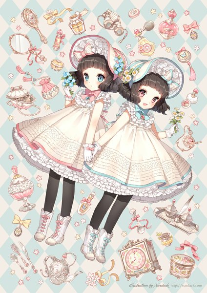 Anime picture 707x1000 with original nardack tall image looking at viewer short hair brown hair multiple girls brown eyes aqua eyes holding hands lolita fashion twins girl dress gloves flower (flowers) ribbon (ribbons) bow 2 girls pantyhose