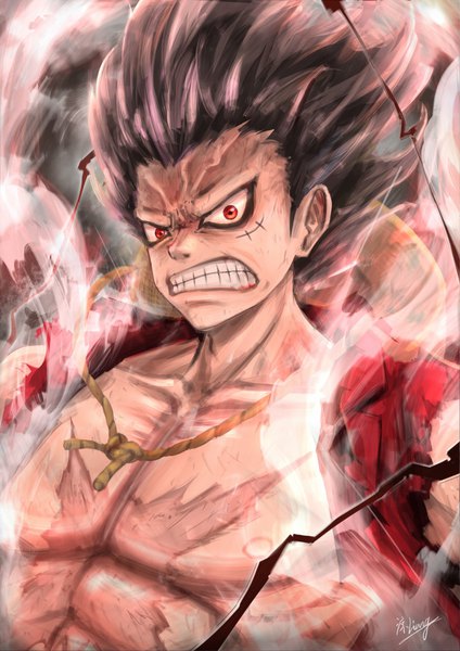 Anime picture 679x960 with one piece toei animation monkey d. luffy liang jian single tall image looking at viewer short hair black hair red eyes signed upper body open clothes scar smoke muscle angry clenched teeth hat removed headwear removed