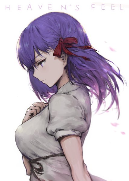 Anime picture 784x1100 with fate (series) fate/stay night matou sakura haoni single long hair tall image fringe breasts simple background hair between eyes white background purple eyes purple hair upper body profile short sleeves puffy sleeves copyright name floating hair