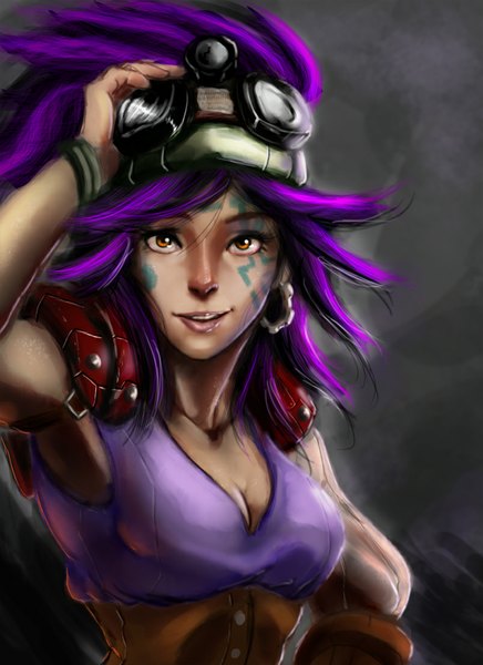 Anime picture 804x1106 with carlos eduardo long hair tall image looking at viewer breasts purple hair orange eyes steam punk girl earrings goggles