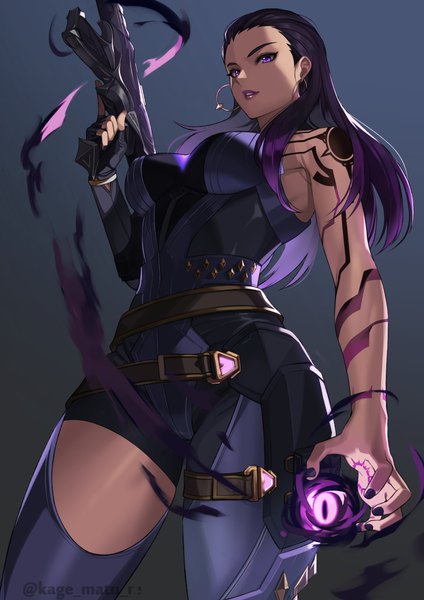 Anime picture 1736x2456 with valorant reyna (valorant) kagematsuri single long hair tall image highres breasts black hair simple background standing purple eyes holding signed looking away nail polish parted lips multicolored hair fingernails two-tone hair