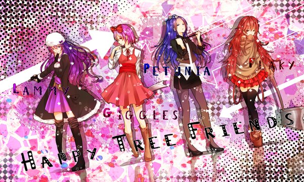 Anime picture 1500x900 with happy tree friends flaky giggles petunia lammy long hair looking at viewer short hair open mouth smile red eyes wide image purple eyes bare shoulders multiple girls blue hair pink hair purple hair ponytail red hair