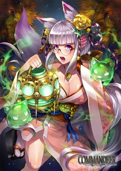 Anime picture 636x900 with original kaskia single tall image fringe short hair breasts open mouth blue eyes light erotic large breasts purple eyes animal ears tail traditional clothes japanese clothes grey hair fox girl multiple tails girl
