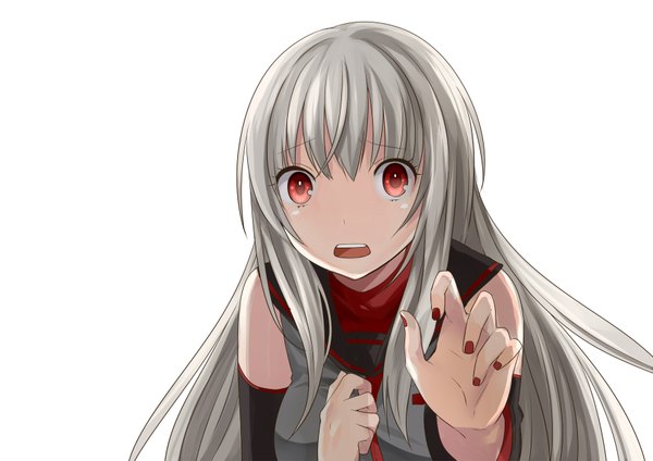 Anime picture 1753x1239 with utau sukone tei toudou charo single long hair looking at viewer highres open mouth simple background red eyes white background nail polish grey hair girl detached sleeves