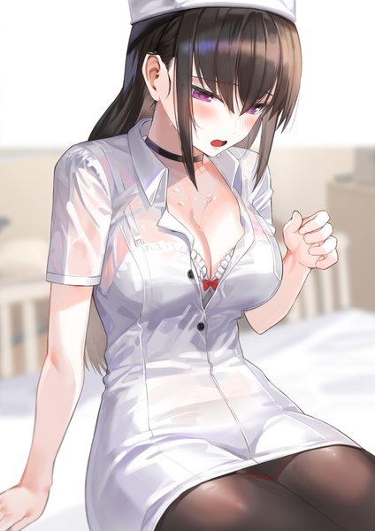 Anime picture 2478x3506 with original kfr single long hair tall image blush fringe highres open mouth light erotic black hair hair between eyes sitting purple eyes payot indoors blurry arm support sweat depth of field