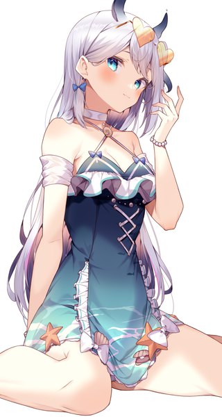 Anime picture 2400x4500 with original jun (aousa0328) single long hair tall image looking at viewer blush fringe highres breasts blue eyes simple background white background sitting cleavage silver hair arm up horn (horns) light smile wariza